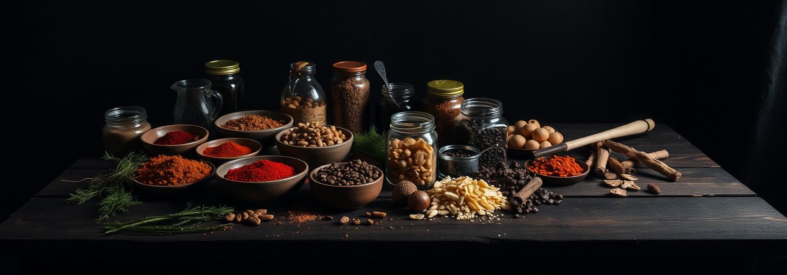 Natural grocery products arranged on a dark wooden table